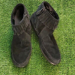 Womens Leather Upper Suede Like Booties with Fringe and Side Zippers